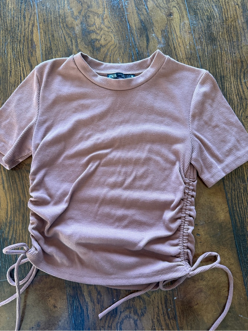 ZARA Dusty Rose Ribbed Side-Tie Short Sleeve Top